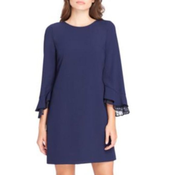 Tahari Lace Trim Bell-Sleeve Shift Dress Navy - Picture 1 of 3